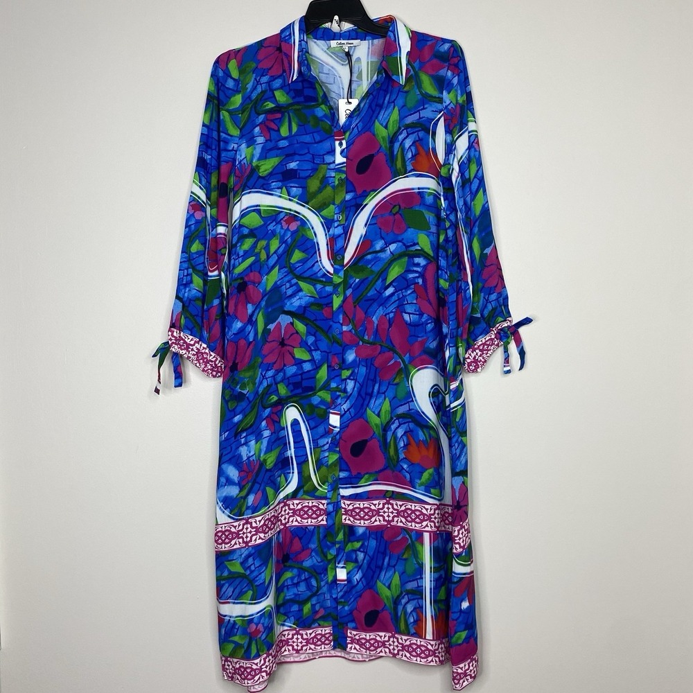 Celina Moon Blue Floral Button Front Midi‎ Dress Pocket Long Sleeve Sz Large